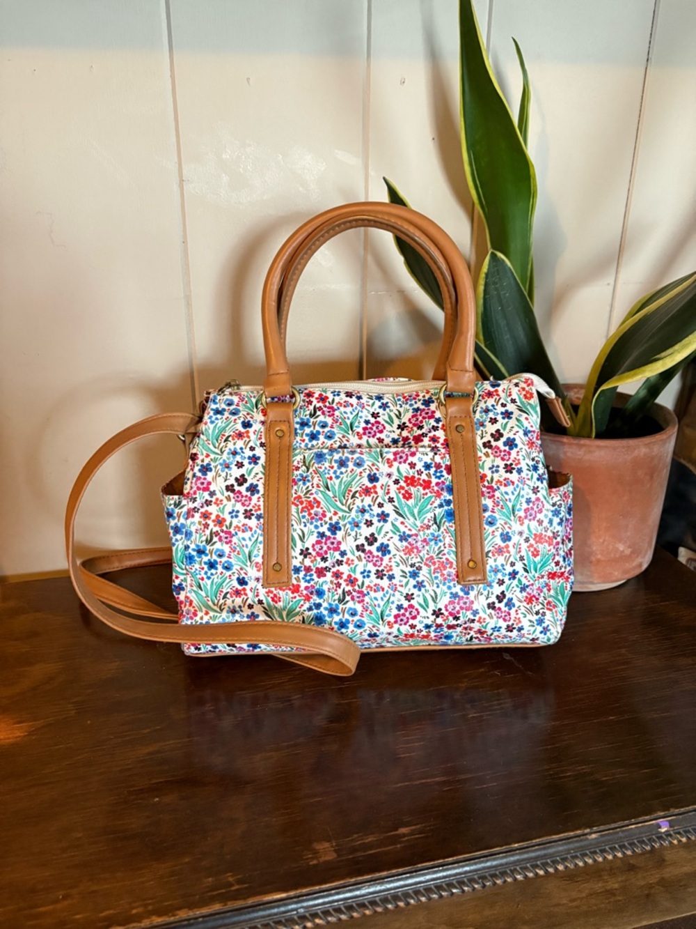 America Eagle Floral Print Satchel Handbag with Tan Accents